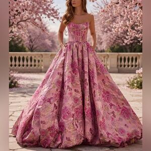 NWT Pink Breathtaking Strapless Brocade Ball Gown Size 8